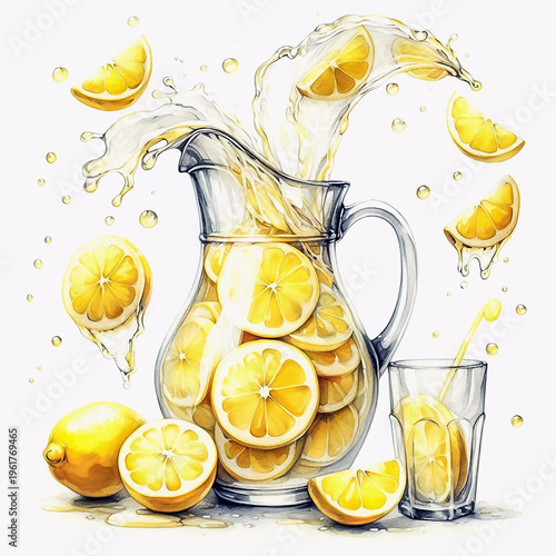 Fresh Lemonade Pitcher with Slices and Splash