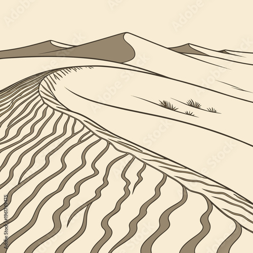 A desert landscape with sand dunes and wavy lines