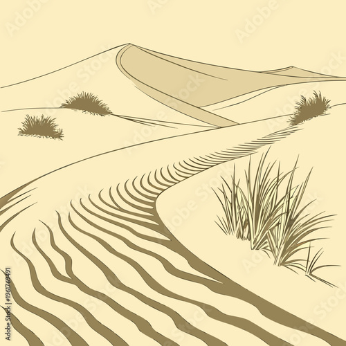 A desert landscape with sand dunes and grass