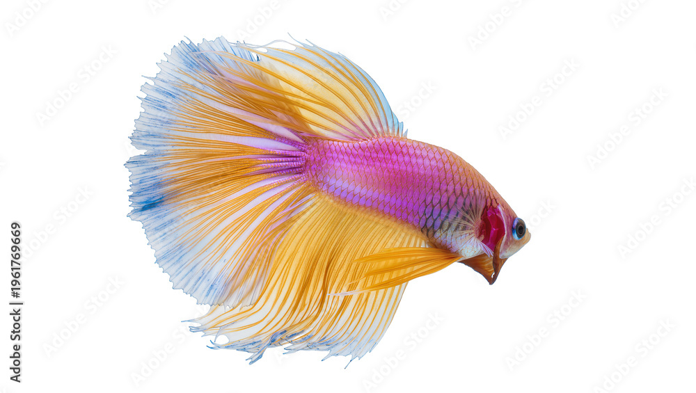 Fototapeta premium Vibrant yellow purple and blue halfmoon betta fish displaying flowing fins, isolated on transparent background for aquatic design elements