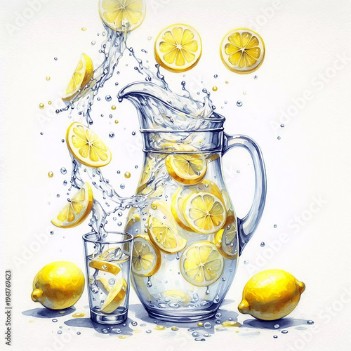 Lemonade In Pitcher With Slices And Bubbles