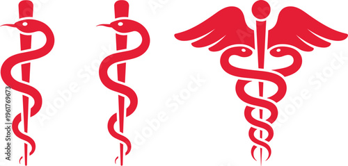 Medical caduceus and rod of Asclepius symbols set in red featuring snake entwined staff icons for healthcare and pharmacy design
