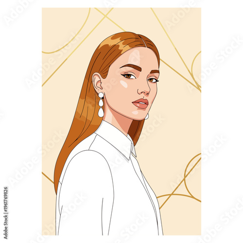 Elegant illustration of a confident woman with reddish-brown hair, white shirt, and stylish drop earrings, embodying modern sophistication with abstract lines