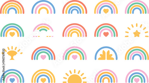 A large collection of various colorful simple rainbow and sun icons are displayed