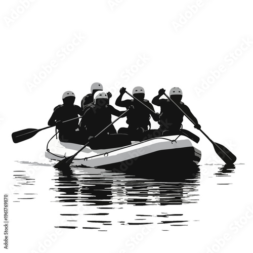 Black and white graphic silhouette of five people in helmets paddling an inflatable raft on moving water, teamwork in whitewater rafting adventure, isolated on white background.