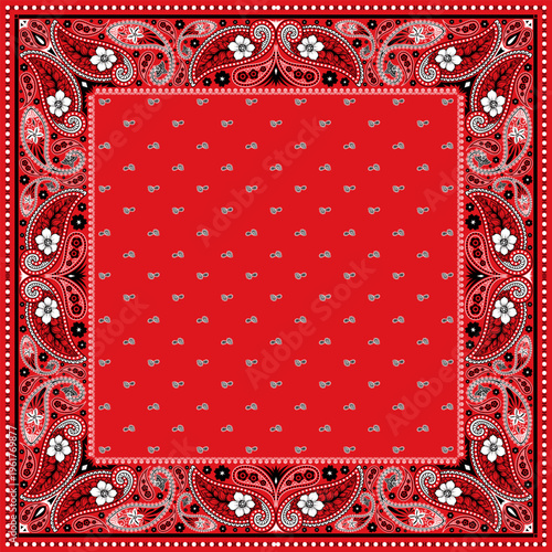 Bandana paisley square ethnic floral hand drawn pattern.Ornament classic vintage vector element black white on red background.Design for scarf,headscarf,kerchief,hijab,tablecloth,print fabric,decorate