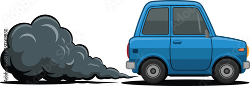 A small blue automobile is driving backwards while blowing a large plume of dark smoke