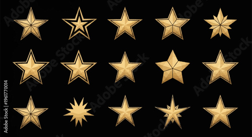 Collection of fifteen golden stars on a black background featuring various designs like five-pointed, multi-pointed, faceted, and outlined icons for awards, achievement, and rating UI.