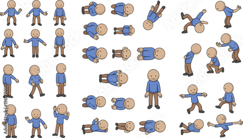 Cartoon character sprite sheet illustration showing simplified human figures in multiple poses including standing, walking, running, jumping, sitting, lying, gesturing actions