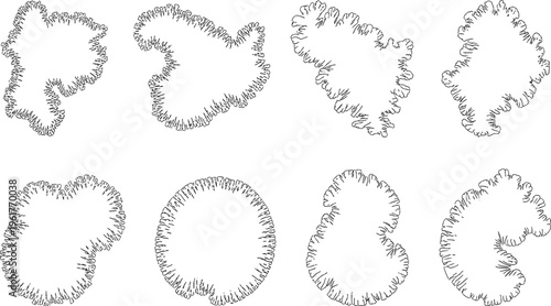 Abstract fractal organic shapes illustration with jagged branching outlines resembling coral, bacterial colonies, diffusion growth patterns, minimalist black contour artwork design