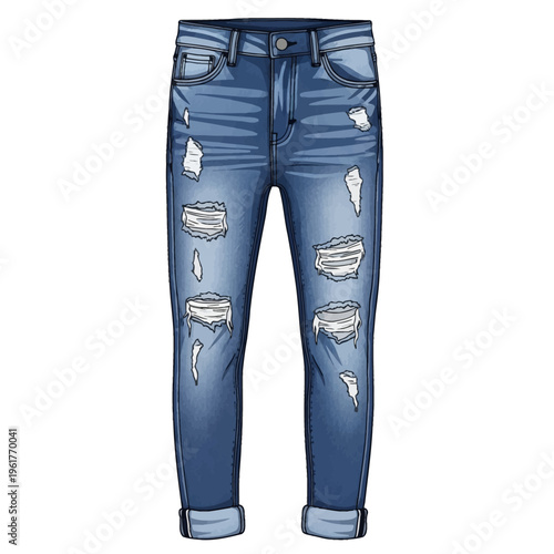 Vector illustration of a pair of distressed blue denim jeans featuring multiple ripped holes and frayed details on the legs, high-waisted skinny fit with rolled cuffs on a white background.
