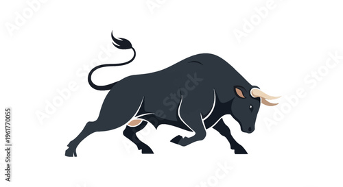 Stylized vector illustration of a powerful charging black bull with sharp horns and a muscular build, isolated on a plain white background for logo or mascot design use.
