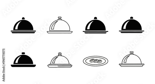 Set of eight black and white minimalist food cloche and plate icons for restaurant menus and catering services, featuring various styles of domed serving covers and a platter.