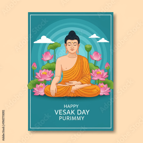 Vector illustration of Lord Buddha in meditation pose for Vesak Day and Buddha Purnima celebration, featuring pink lotus flowers, green leaves, and a teal circular background.