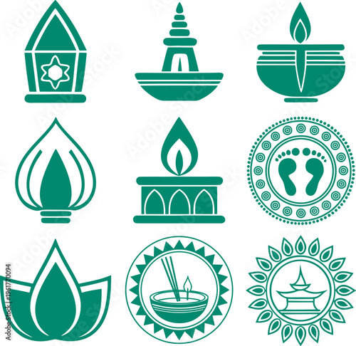 Collection of traditional diwali lamps and decorative elements in teal, isolated on transparent background
