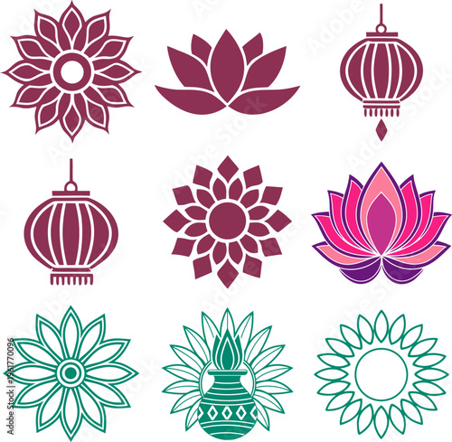 Assortment of vibrant diwali and lotus flower icons in magenta and teal, isolated on transparent background