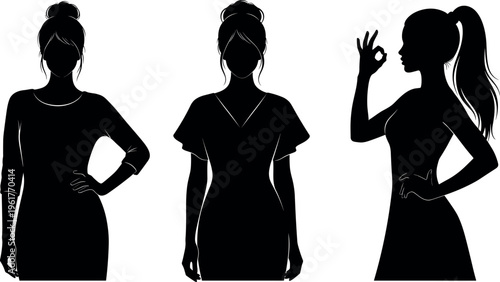 Set of three elegant female silhouettes with stylish hair buns and ponytail wearing dresses in various confident fashion model poses