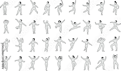 Minimalist line art illustration showing thirty dynamic human dance poses in grid arrangement, expressive movement silhouettes for gesture drawing, anatomy study, choreography design