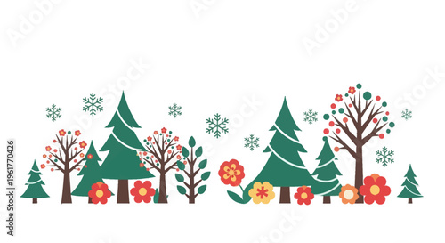 Flat vector illustration of a winter forest border featuring stylized green pine trees, deciduous trees with red berries, floral accents and snowflakes on a white background.