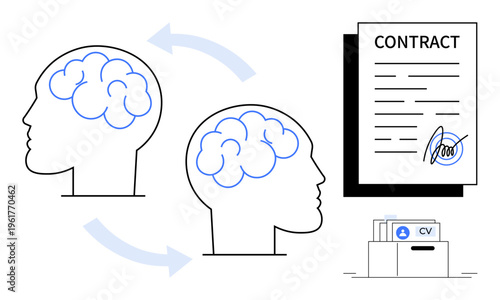 Knowledge transfer. Two brains knowledge sharing and transfer with a contract and CV documents. Knowledge transfer in learning, hiring, and contractual agreements. Human resources, education