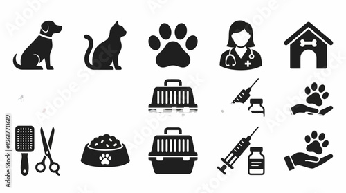 Vector icons of pet care and veterinary services including dog, cat, paw print, grooming tools, food bowl, carriers, syringes, vial, and veterinarian for animal health