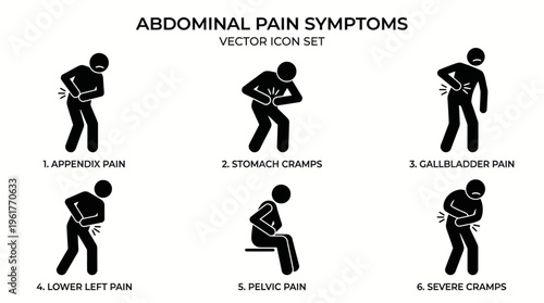Vector icons of abdominal pain symptoms showing standing, sitting, kneeling, and leaning postures for medical education, healthcare awareness, and patient diagnostic illustration design