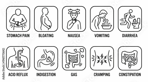 Vector icons of gastrointestinal symptoms including stomach pain, bloating, nausea, vomiting, diarrhea, acid reflux, indigestion, gas, cramping, and GI conditions for medical education