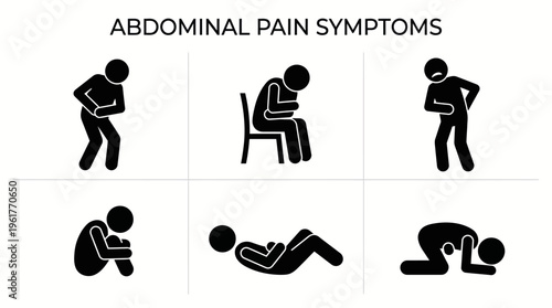 Vector icons of abdominal pain symptoms showing standing, sitting, kneeling, and leaning postures for medical education, healthcare awareness, and patient diagnostic illustration design