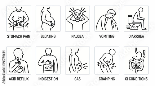 Vector icons of gastrointestinal symptoms including stomach pain, bloating, nausea, vomiting, diarrhea, acid reflux, indigestion, gas, cramping, and GI conditions for medical education