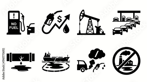 Vector icons illustrating fuel shortage, rising oil prices, pumpjack, gas station demand, leaking pipeline, spill response tanker, fuel waste, and pollution prohibition for energy industry themes