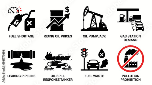 Vector icons illustrating fuel shortage, rising oil prices, pumpjack, gas station demand, leaking pipeline, spill response tanker, fuel waste, and pollution prohibition for energy industry themes