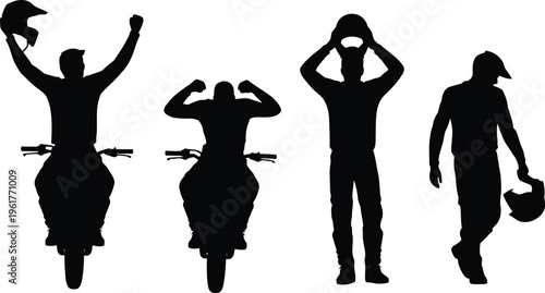 Four black silhouettes of male motorcycle riders with helmets in different poses on a plain white field