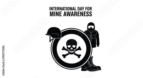 Vector graphic illustration for International Day for Mine Awareness, showing a skull and crossbones symbol, military helmet, and protective suit.