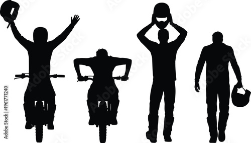 Four black silhouettes show men in different poses related to motocross and helmet gear on a white field