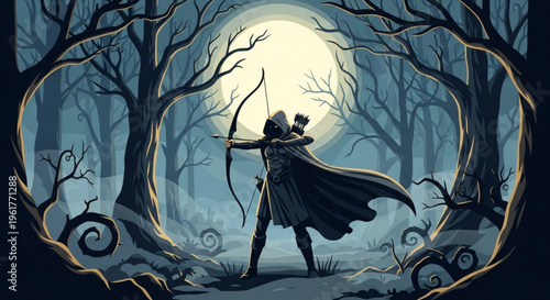 Archer in dark cloak aims bow under moonlight in mystical forest with bare trees and mystical atmosphere