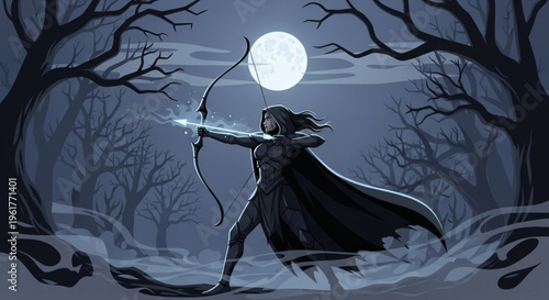Mysterious female archer in dark cloak shoots glowing arrow under full moon in eerie forest landscape at night
