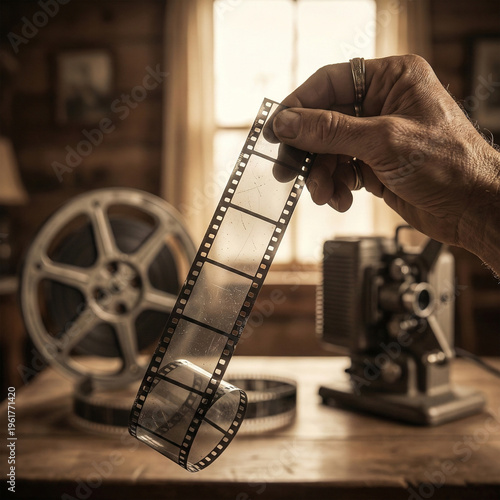 A filmmaker’s hand holding a monochrome film strip up to the light, showing empty celluloid tape frames