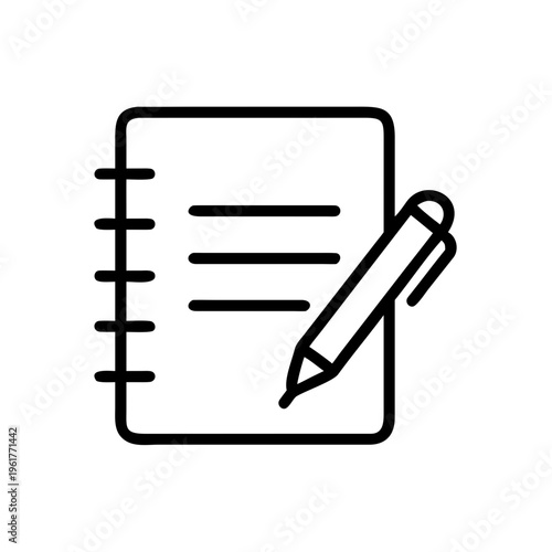 Notebook with pen outline icon symbol representing writing or note taking