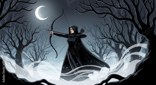 Mysterious woman in black cloak shooting bow and arrow under crescent moon in dark forest with bare trees and fog