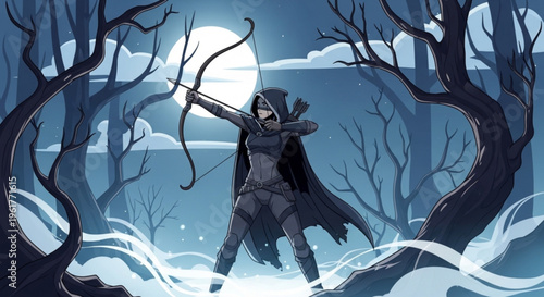 Archer in dark attire aims bow under moonlight in snowy forest with bare trees evoking mystery and action