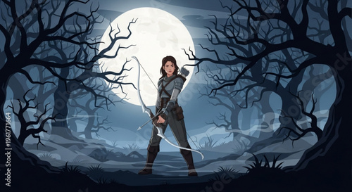 Woman archer stands poised with bow and arrow under a full moon in a dark mystical forest landscape with bare trees and eerie atmosphere