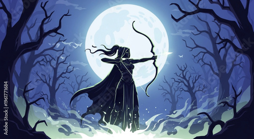 Mysterious woman in dark dress shooting bow and arrow under full moon in eerie forest landscape with bare trees and mystical atmosphere