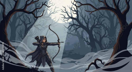 Woman archer in dark clothing aims bow in misty moonlit forest with bare trees and fog