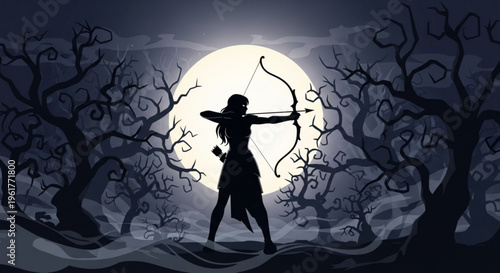 Woman archer in silhouette aims bow under full moonlight in dark mystical forest with bare trees