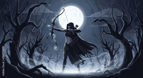 Woman archer in dark cloak aims bow under full moonlight in eerie forest with bare trees and mystical atmosphere