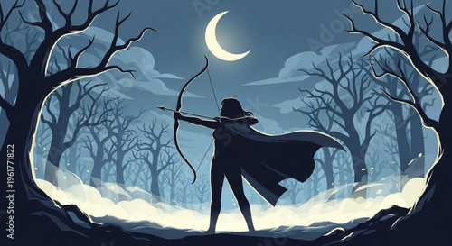 Archer in dark forest aims bow under crescent moonlight with foggy mist and bare trees
