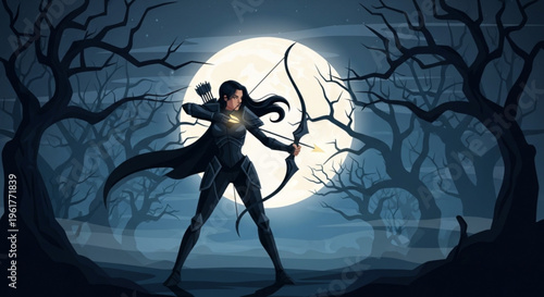 Woman in black outfit holding bow and arrow under full moon in dark forest with bare trees