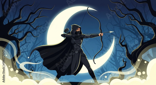 Mysterious archer in black cloak shoots arrow under crescent moonlight in dark mystical forest with bare trees and glowing clouds at night