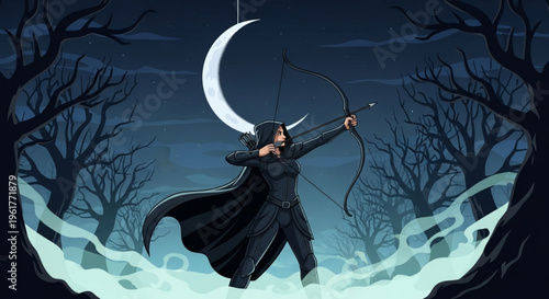 Mysterious archer in black cloak aims bow under crescent moon in dark forest with bare trees and misty atmosphere