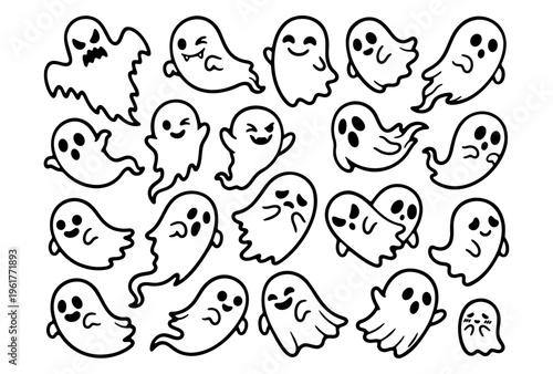 Set of cute cartoon halloween ghost characters line art collection
